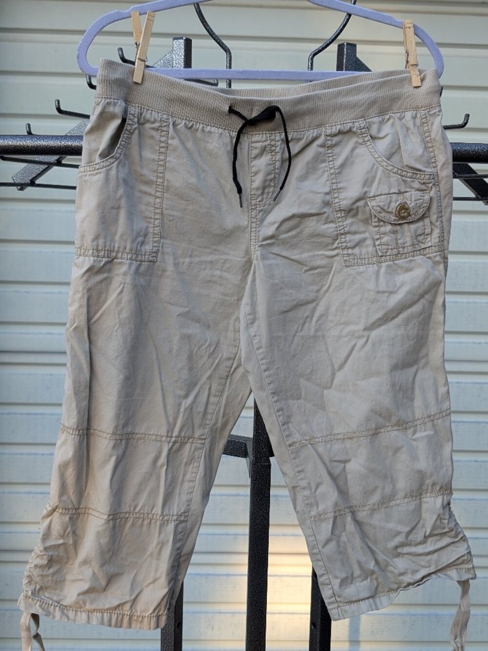 Vintage Y2K No Boundaries Cargo Capris Womens 11 Tan Utility Drawstring Cotton